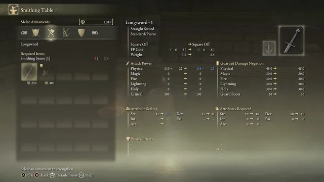 Official screenshot of the weapon-strengthening interface